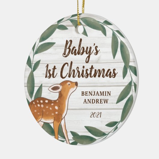 Rustic Greenery Deer Baby's eerste kerstfoto Keramisch Ornament (Links)
