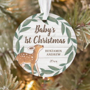 Rustic Greenery Deer Baby's eerste kerstfoto Ornament