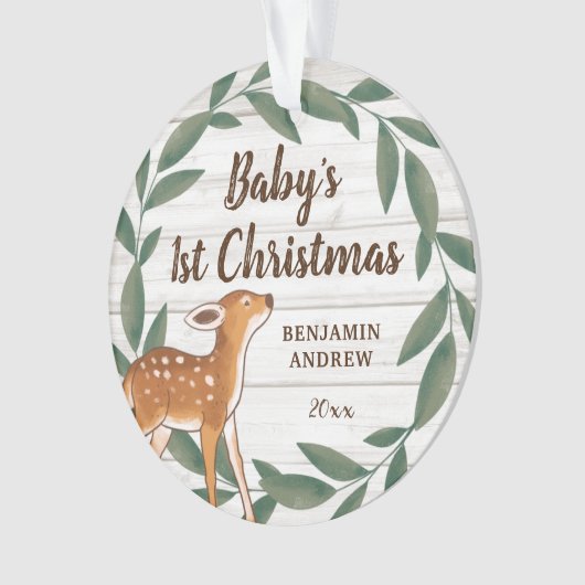 Rustic Greenery Deer Baby's eerste kerstfoto Ornament (voorkant)