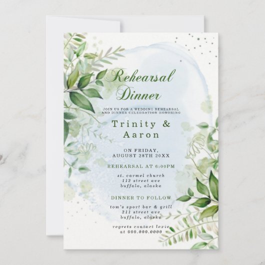 Rustic Greenery Dusty Blue Airy Rehearsal Dinner I Kaart (Voorkant)