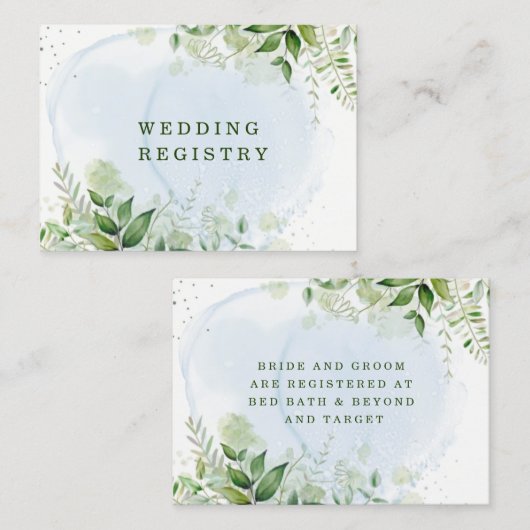 Rustic Greenery Dusty Blue Airy Wedding Registry Visitekaartje (Voorkant / Achterkant)