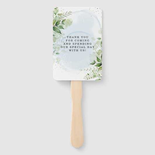 Rustic Greenery Dusty Blue Wedding Bedankt Handwaaier (Achterkant)