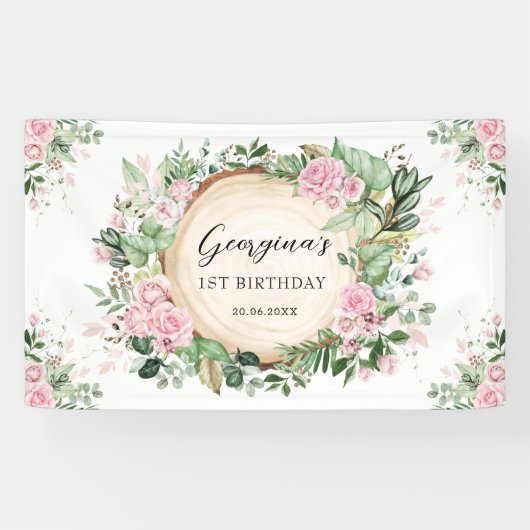 Rustic Greenery Dusty Pink Floral Girls Birthday Spandoek (Horizontaal)
