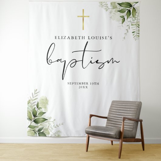 Rustic Greenery Elegant Baptism Fotoachtergrond Wandkleed (In situ)