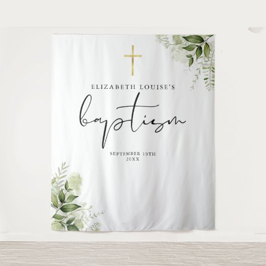 Rustic Greenery Elegant Baptism Fotoachtergrond Wandkleed (Voorkant)