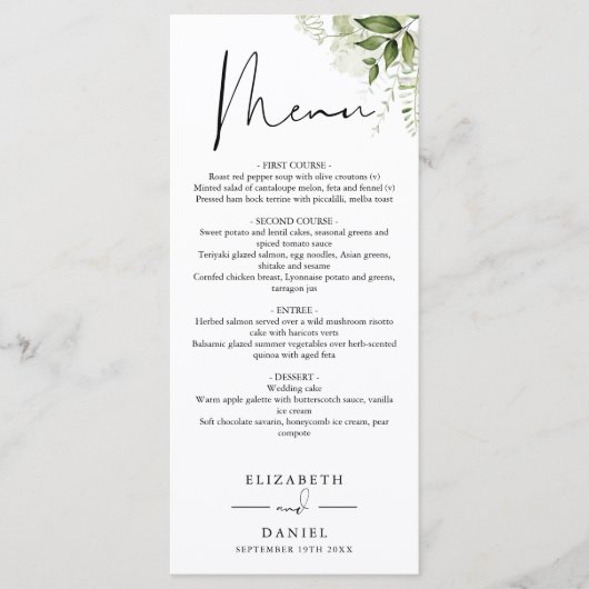 Rustic Greenery Elegant Monogram Wedding Dinner Menu (Voorkant)