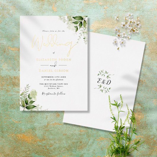 Rustic Greenery Elegant Monogram Wedding Gold Folie Uitnodiging