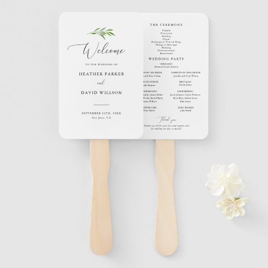 Rustic Greenery Elegant Wedding Ceremony Program Handwaaier (Voorkant en achterkant)