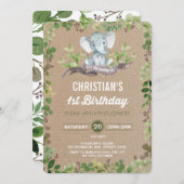 Rustic Greenery Elephant 1st Birthday Uitnodiging (Voorkant / Achterkant)