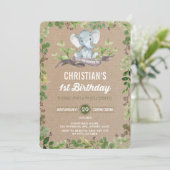 Rustic Greenery Elephant 1st Birthday Uitnodiging (Staand voorkant)