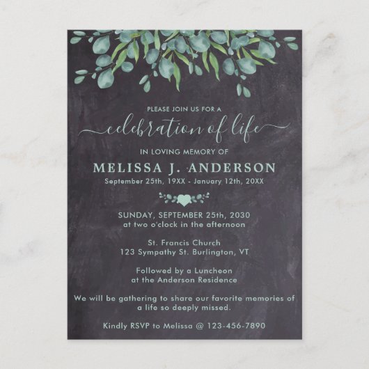 Rustic Greenery Eucalyptus Celebration of Life Uitnodiging Briefkaart (Voorkant)