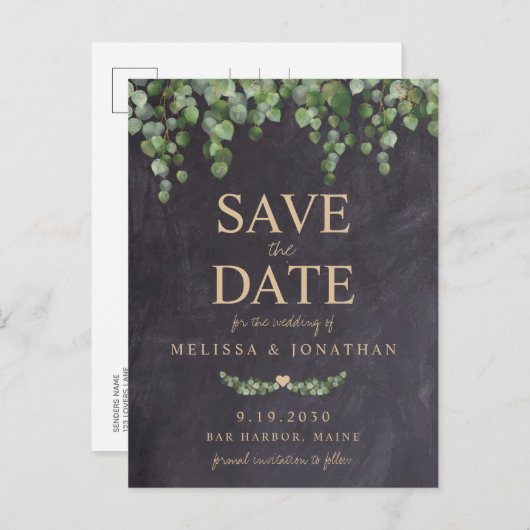 Rustic Greenery Eucalyptus Chalkboar Save the Date Aankondigingskaart (Voorkant / Achterkant)
