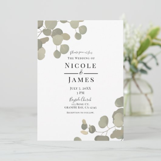 Rustic Greenery Eucalyptus Elegant Modern Wedding Kaart (Staand voorkant)
