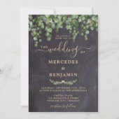 Rustic Greenery Eucalyptus Gold Chalkboard Wedding Kaart (Voorkant)