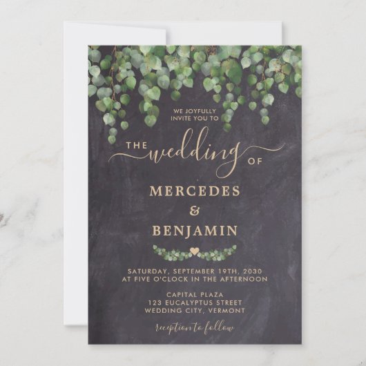 Rustic Greenery Eucalyptus Gold Chalkboard Wedding Kaart (Voorkant)