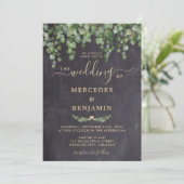 Rustic Greenery Eucalyptus Gold Chalkboard Wedding Kaart (Staand voorkant)