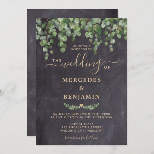 Rustic Greenery Eucalyptus Gold Chalkboard Wedding Kaart (Voorkant / Achterkant)
