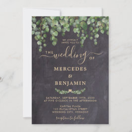 Rustic Greenery Eucalyptus Gold Chalkboard Wedding Kaart