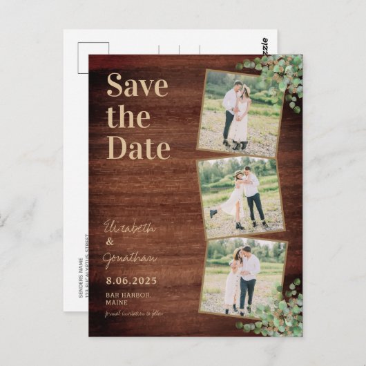 Rustic Greenery Eucalyptus Photo Save the Date Briefkaart (Voorkant / Achterkant)