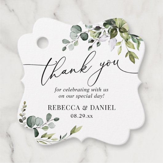 Rustic Greenery Eucalyptus Weddenschap Bedankjes Labels (Voorkant)