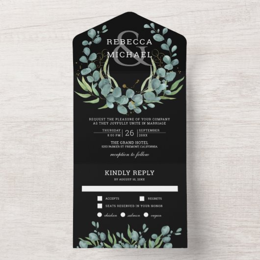 Rustic Greenery Eucalyptus Wreath Black Wedding All In One Uitnodiging (Binnen)