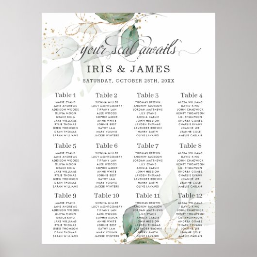 Rustic Greenery Foliage Gold Wedding Seding Chart Poster (Voorkant)