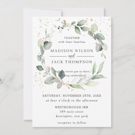 Rustic Greenery Foliage Leafy Wreath Gold Wedding Kaart (Voorkant)
