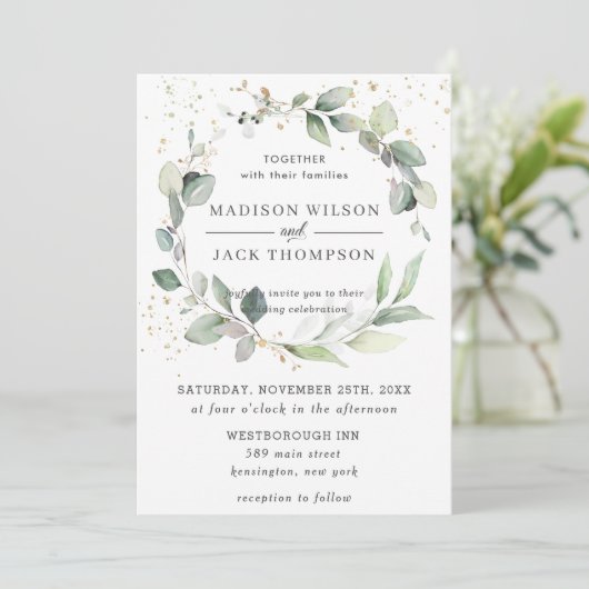 Rustic Greenery Foliage Leafy Wreath Gold Wedding Kaart (Staand voorkant)