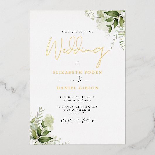 Rustic Greenery Foliage Photo Wedding Script Folie Uitnodiging (Voorkant)