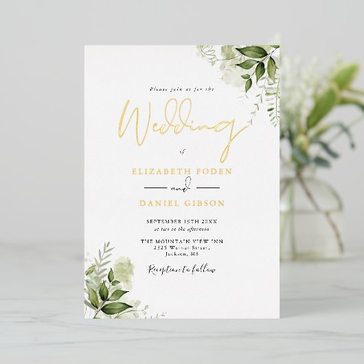 Rustic Greenery Foliage Photo Wedding Script Folie Uitnodiging (Staand Voorkant)