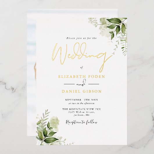 Rustic Greenery Foliage Photo Wedding Script Folie Uitnodiging (Voorkant / Achterkant)