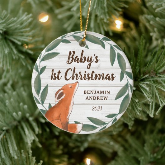 Rustic Greenery Fox Baby's eerste kerstfoto Keramisch Ornament (Boom)