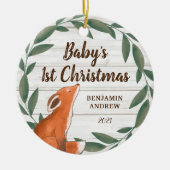 Rustic Greenery Fox Baby's eerste kerstfoto Keramisch Ornament (Voorkant)