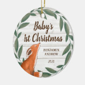 Rustic Greenery Fox Baby's eerste kerstfoto Keramisch Ornament (Links)