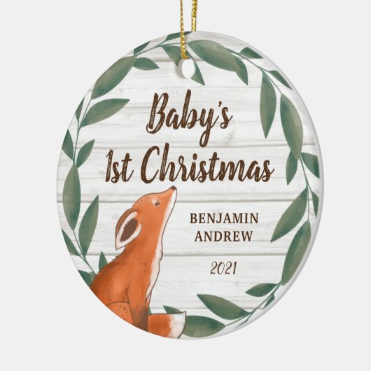 Rustic Greenery Fox Baby's eerste kerstfoto Keramisch Ornament (Links)
