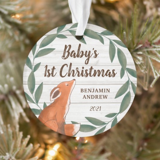 Rustic Greenery Fox Baby's eerste kerstfoto Ornament (Boom)