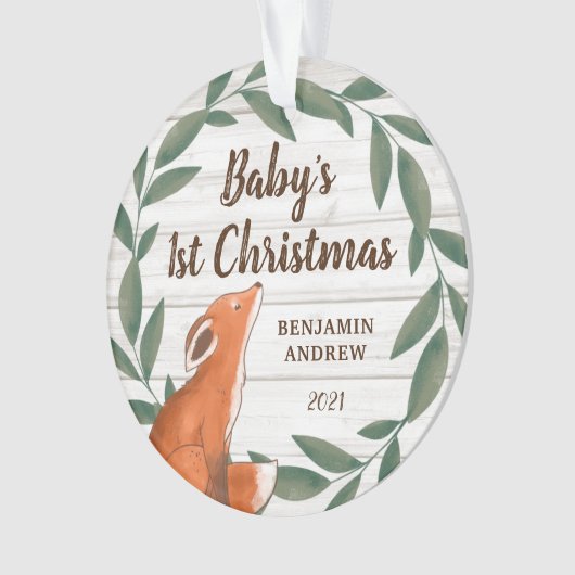 Rustic Greenery Fox Baby's eerste kerstfoto Ornament (voorkant)