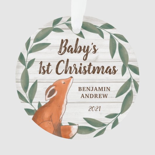 Rustic Greenery Fox Baby's eerste kerstfoto Ornament (voorkant)