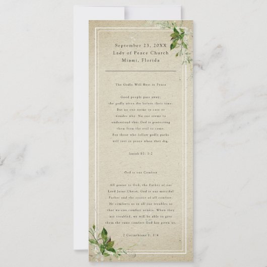 Rustic Greenery | Funeral Photo Memorial Prayer Kaart (Achterkant)