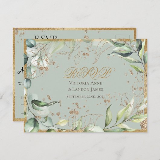 Rustic Greenery Gold Calligraphy RSVP Wedding Briefkaart (Voorkant / Achterkant)