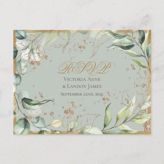 Rustic Greenery Gold Calligraphy RSVP Wedding Briefkaart (Voorkant)