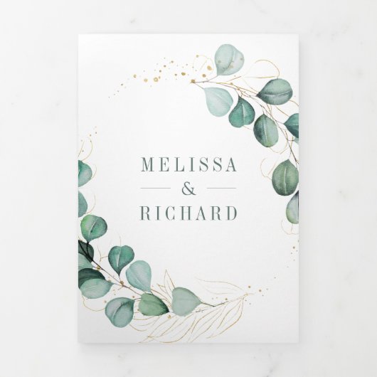 Rustic Greenery Gold Eucalyptus QR Code Weddenscha Drieluik Uitnodiging (Cover)