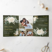 Rustic Greenery Gold Ivory Floral Sage Wedding Drieluik Uitnodiging (Binnen)