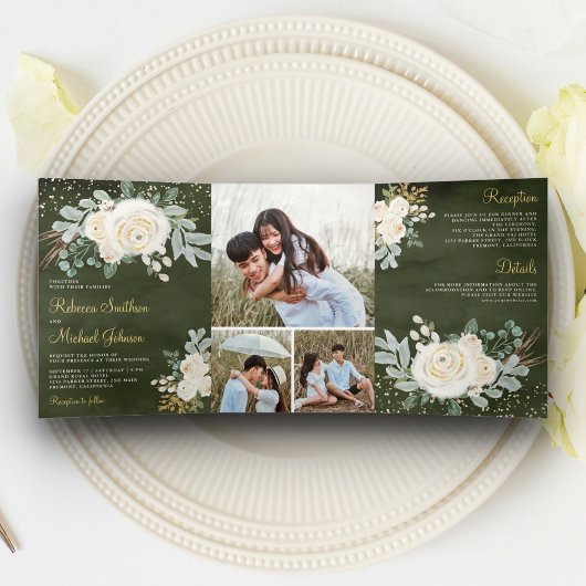 Rustic Greenery Gold Ivory Floral Sage Wedding Drieluik Uitnodiging