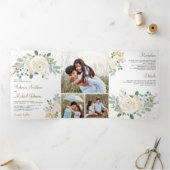 Rustic Greenery Gold Ivory Floral Wedding Drieluik Uitnodiging (Binnen)
