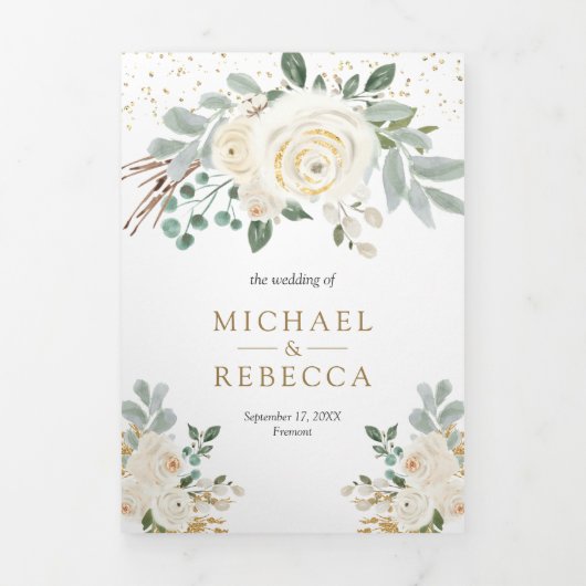 Rustic Greenery Gold Ivory Floral Wedding Drieluik Uitnodiging (Cover)