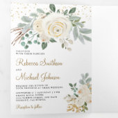 Rustic Greenery Gold Ivory Floral Wedding Drieluik Uitnodiging (Binnenzijde eerst)