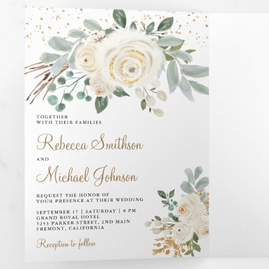 Rustic Greenery Gold Ivory Floral Wedding Drieluik Uitnodiging (Binnenzijde eerst)