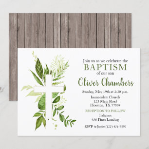 Rustic Greenery Green Cross Boy Baptisme Kaart