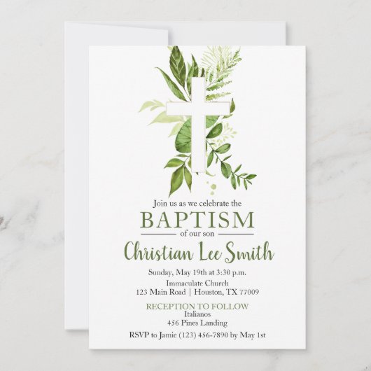 Rustic Greenery Green Cross Boy Baptisme Kaart (Voorkant)